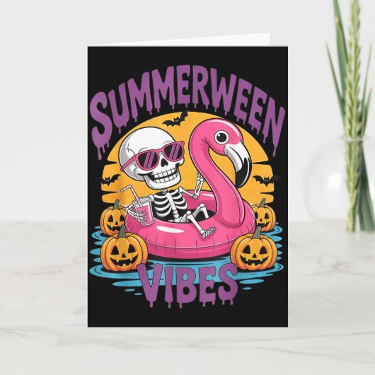 Summerween Sfeer Skelet Flamingo Griezelige Hallow Kaart (Voorkant)