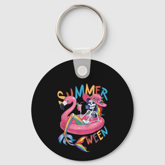 Summerween Skelet Flamingo Zomer Halloween Vrouw Sleutelhanger (Voorkant)