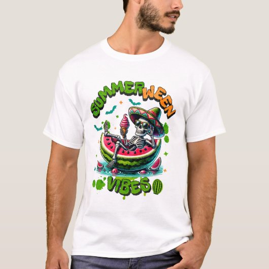 Summerween-skelet op watermeloenboot-ijsje t-shirt (Voorkant)