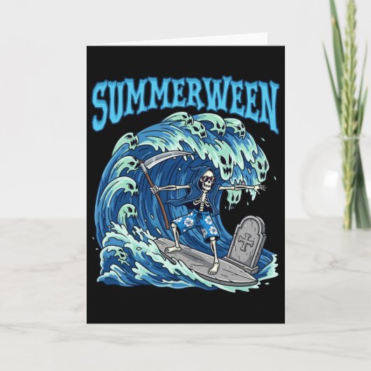 Summerween Skelet Surfen Grim Reaper Strand Spooky Kaart (Voorkant)