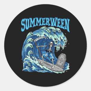Summerween Skelet Surfen Grim Reaper Strand Spooky Ronde Sticker