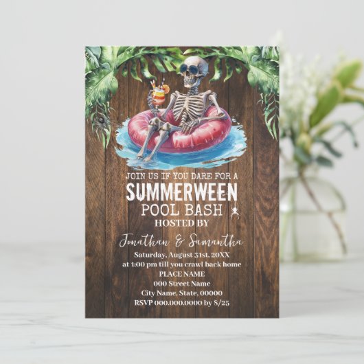 Summerween Skelet Tropisch Zwembad Feest Kaart (Staand voorkant)