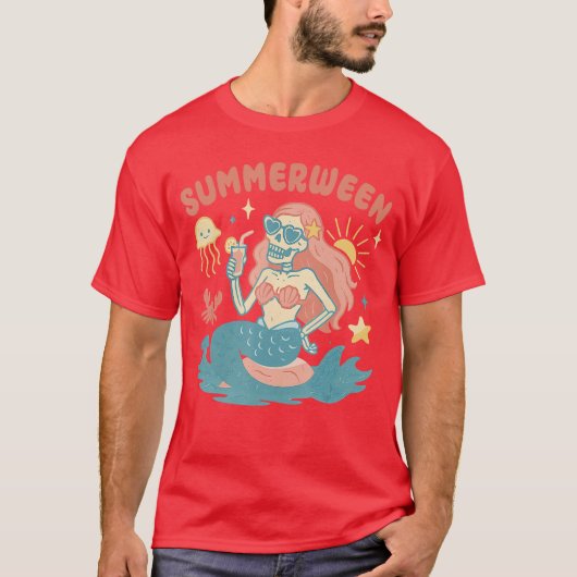Summerween Skelet Zeemeermin Strand Flamingo Hallo T-shirt (Voorkant)