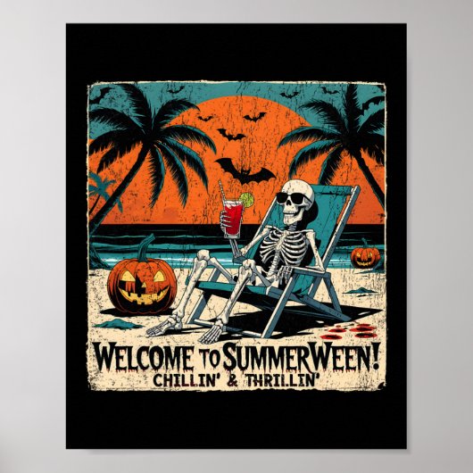 Summerween Skeleton Beach Halloween Tropische Kuns Poster (Voorkant)
