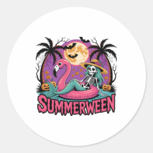 Summerween Skeleton Flamingo Halloween Summer Girl Ronde Sticker