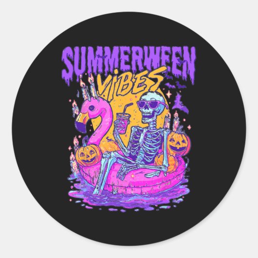 Summerween Skeleton Float Halloween Flamingo Vibes Ronde Sticker (Voorkant)