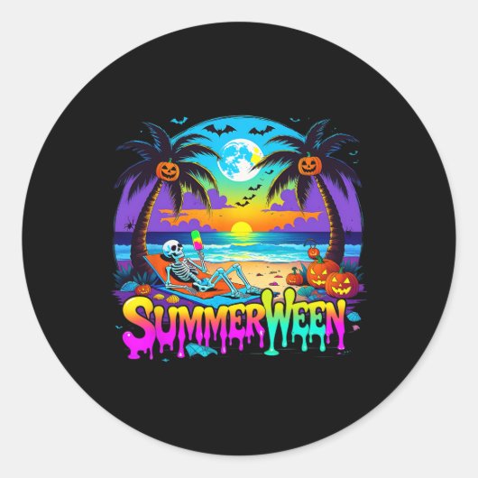 Summerween Skeleton Ghost Beach Funny Spooky Hallo Ronde Sticker (Voorkant)