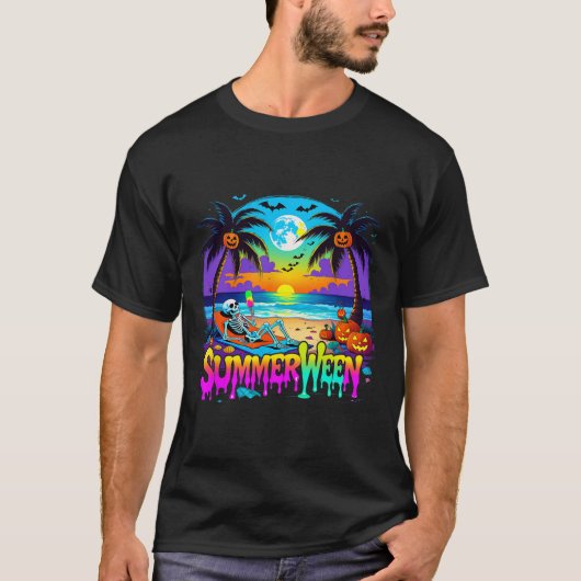 Summerween Skeleton Ghost Beach Funny Spooky Hallo T-shirt (Voorkant)
