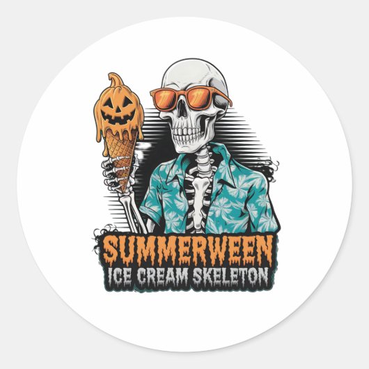 Summerween Skeleton – Spooky Ice Cream Halloween V Ronde Sticker (Voorkant)