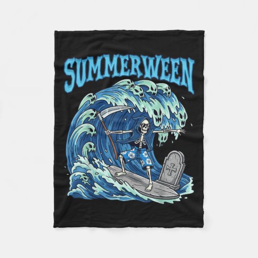 Summerween Skeleton Surf Grim Reaper Beach Spooky Fleece Deken (Voorkant)