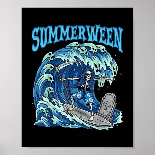 Summerween Skeleton Surf Grim Reaper Beach Spooky Poster (Voorkant)
