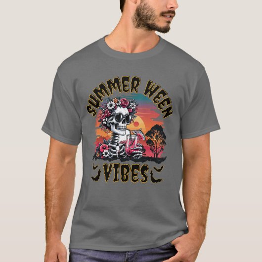 Summerween Skeleton Vibes – Floral Sunset Retro T-shirt (Voorkant)