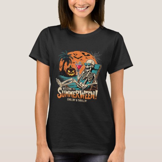 Summerween Skeletstrand Halloween Tropische Kunst T-shirt (Voorkant)