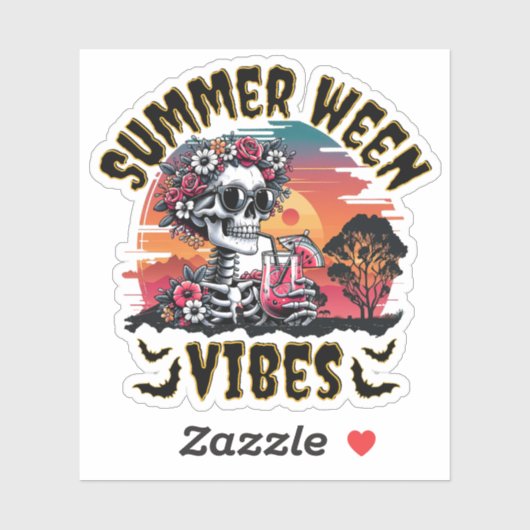 Summerween Sunset Floral Skeleton Tropical Juice Sticker (Vel)
