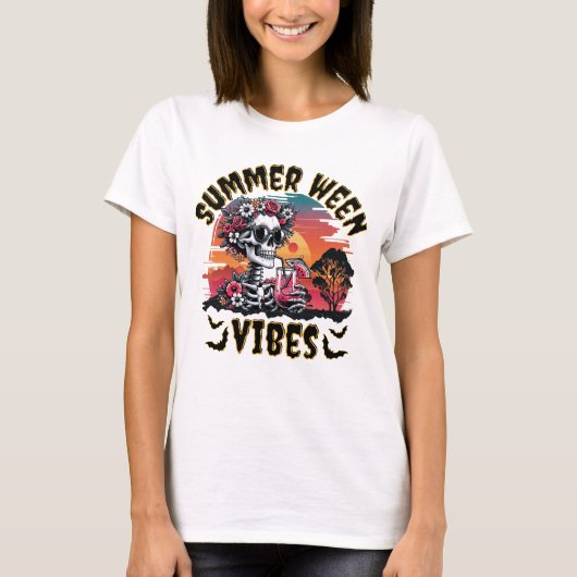 Summerween Sunset Floral Skeleton Watermelon Juice T-shirt (Voorkant)