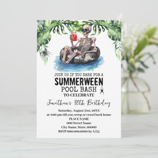 Summerween Tropical Skeleton Birthday Party Kaart (Staand voorkant)