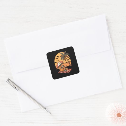Summerween Vibes – Pumpkin op vakantie Vierkante Sticker (Envelop)