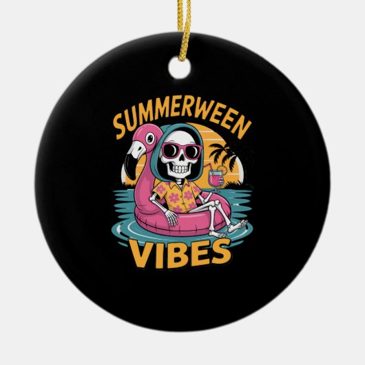 Summerween Vibes Skeleton Flamingo Float Summer Ha Keramisch Ornament (Voorkant)