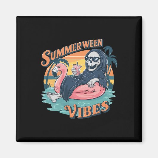 Summerween Vibes Skeleton Flamingo Float Summer Ha Magneet (Voorkant)