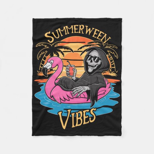 Summerween Vibes Skeleton Flamingo Spooky Hallowee Fleece Deken (Voorkant)