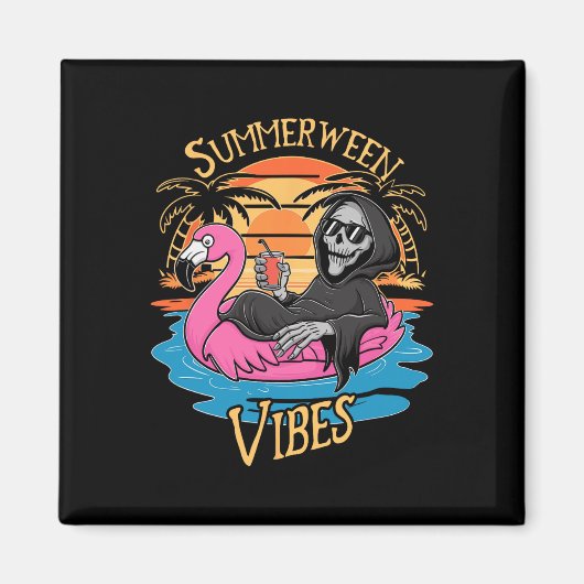 Summerween Vibes Skeleton Flamingo Spooky Hallowee Magneet (Voorkant)