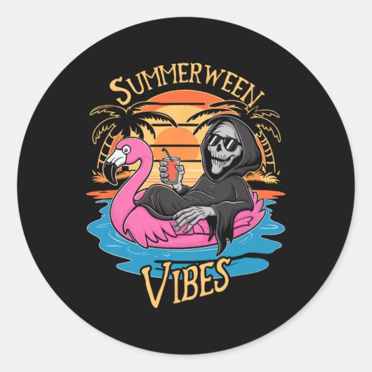 Summerween Vibes Skeleton Flamingo Spooky Hallowee Ronde Sticker (Voorkant)