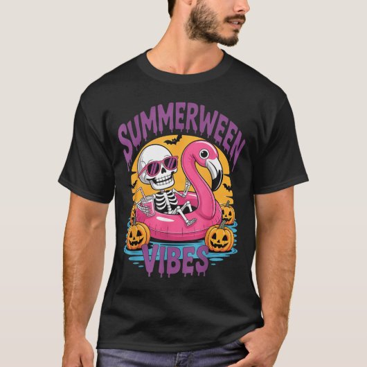 Summerween Vibes Skeleton Flamingo Spooky Hallowee T-shirt (Voorkant)
