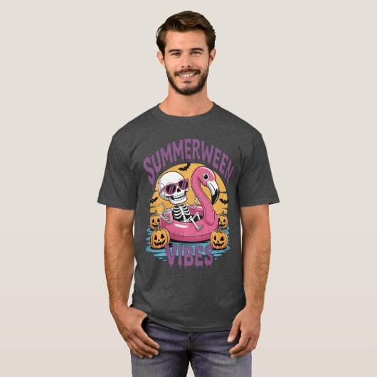 Summerween Vibes Skeleton Flamingo Spooky Hallowee T-shirt (Voorkant volledig)