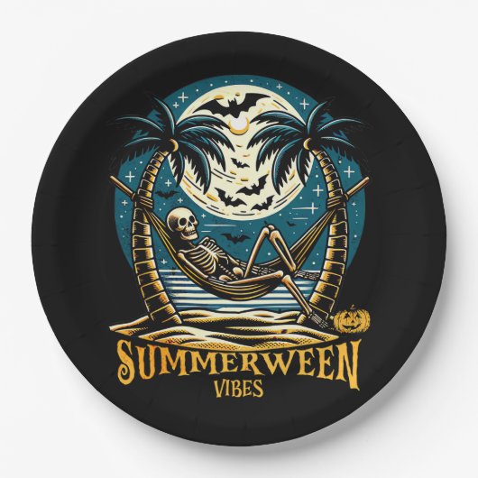Summerween Vibes Skeleton Pumpkin Skeleton Zomer Papieren Bordje (Voorkant)
