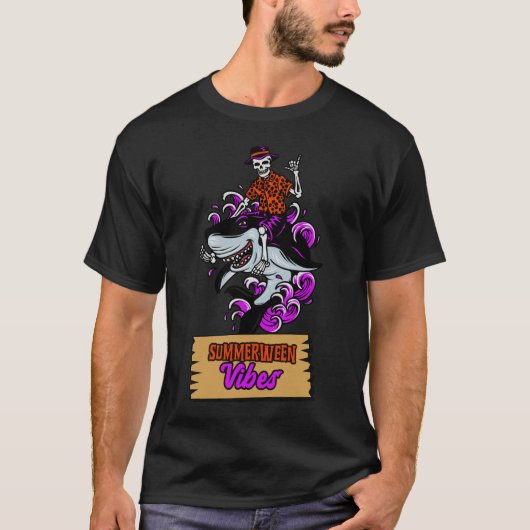 Summerween Vibes Skeleton Riding a Shark T-shirt (Voorkant)