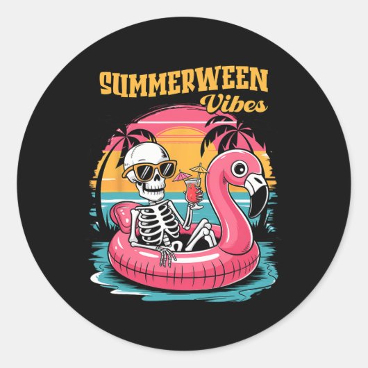 Summerween Vibes Skeleton Summer Vacation Funny Ha Ronde Sticker (Voorkant)