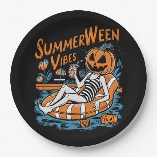 Summerween Vibes Spooky Summer Pumpkin Schattige Papieren Bordje (Voorkant)