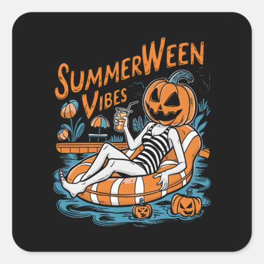 Summerween Vibes Spooky Summer Pumpkin Schattige Vierkante Sticker (Voorkant)