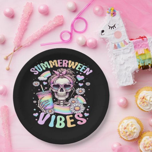 Summerween Vibes Sweet Skeleton Girl Summer Hallow Papieren Bordje (Feest)