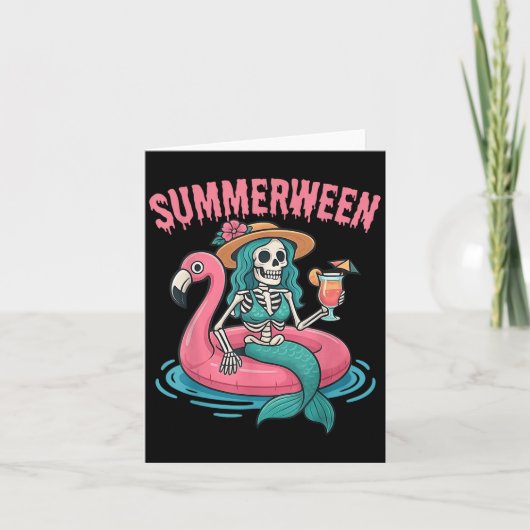 Summerween Zeemeermin Skelet Strand Flamingo Hallo Kaart (Voorkant)
