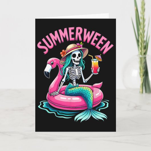 Summerween Zeemeermin Skelet Strand Flamingo Hallo Kaart (Voorkant)
