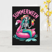 Summerween Zeemeermin Skelet Strand Flamingo Hallo Kaart (Gele Bloem)