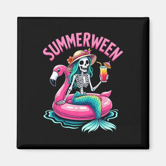 Summerween Zeemeermin Skelet Strand Flamingo Hallo Magneet (Voorkant)