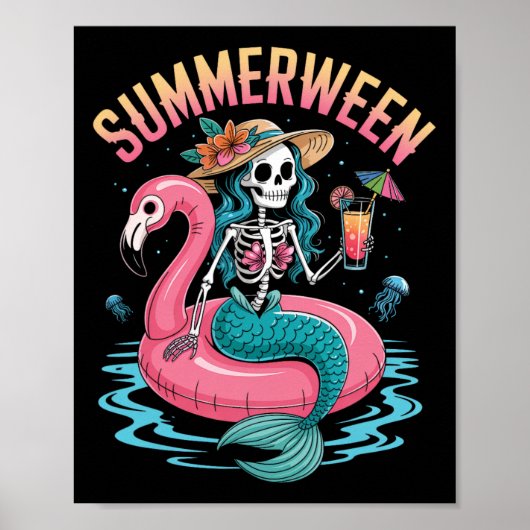 Summerween Zeemeermin Skelet Strand Flamingo Hallo Poster (Voorkant)