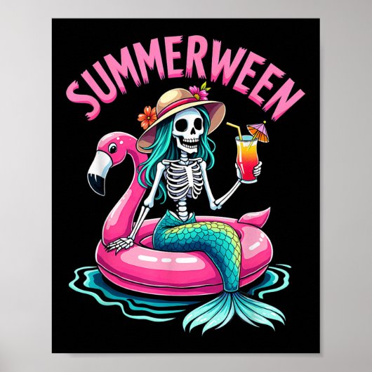 Summerween Zeemeermin Skelet Strand Flamingo Hallo Poster (Voorkant)