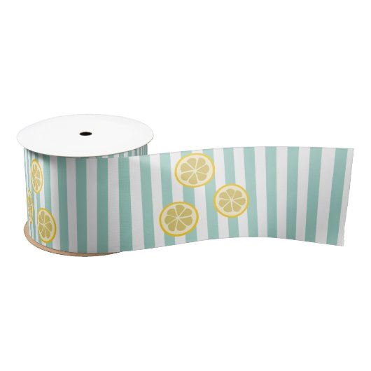 Summery Aqua Stripe & Lemon Slicten - kan tekst to Satijnen Lint (Spoel)