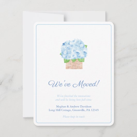 Summery Blue and White Hydrangea Change of Address Aankondiging (Voorkant)