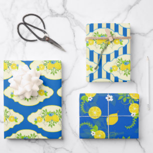 Summery Blue en Yellow Lemons Floral Patronen Inpakpapier Vel