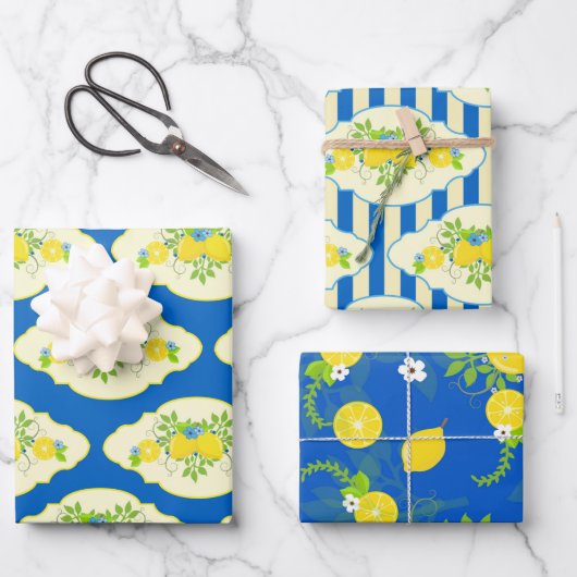 Summery Blue en Yellow Lemons Floral Patronen Inpakpapier Vel (Voorkant)