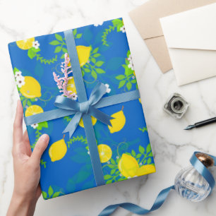 Summery Blue en Yellow Lemons Floral Pattern Cadeaupapier