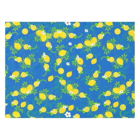 Summery Blue en Yellow Lemons Floral Pattern Tafelkleed (Voorkant (Horizontaal))