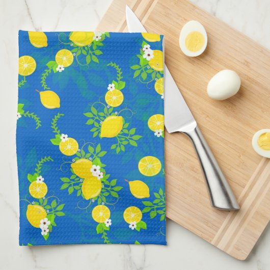 Summery Blue en Yellow Lemons Floral Pattern Theedoek (Quarter Fold)