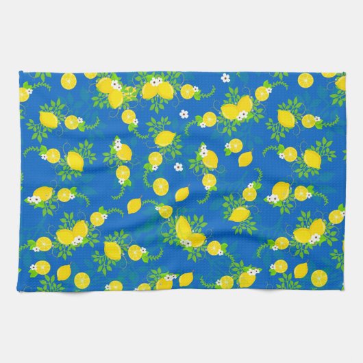 Summery Blue en Yellow Lemons Floral Pattern Theedoek (Horizontaal)