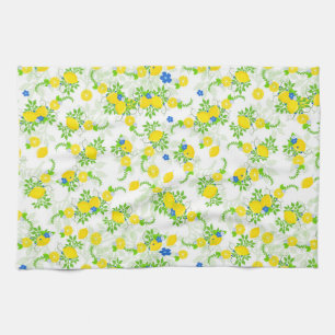 Summery Blue en Yellow Lemons Floral Pattern Theedoek