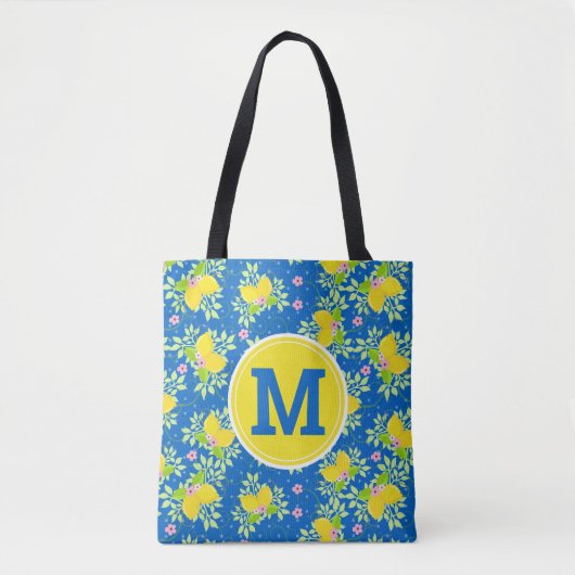 Summery Blue en Yellow Lemons Floral Pattern Tote Bag (Voorkant)